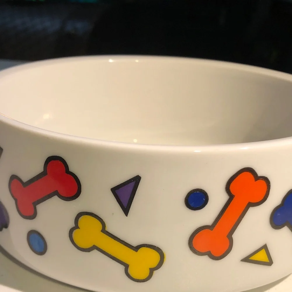 Ceramic large Dog Bowl with Colorful Bone Pattern - White
